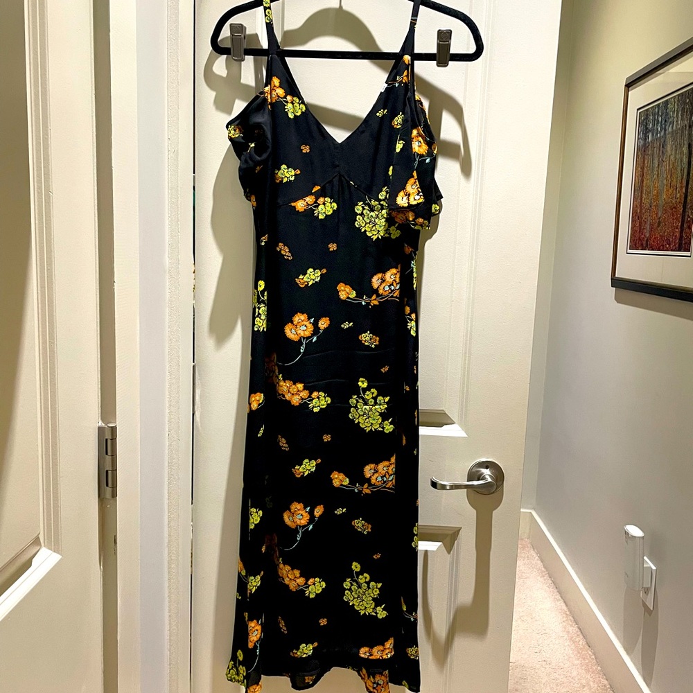 ALC dark floral, cold shoulder midi length dress.